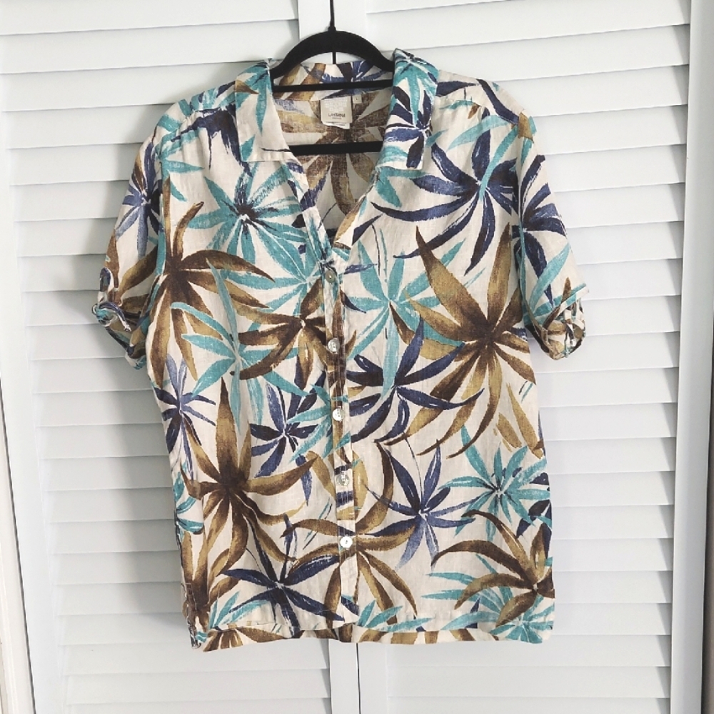Lantana Top, Size L, 100% Linen, Leaf Print on Cream, Short Sleeve w/Ties, Shell
